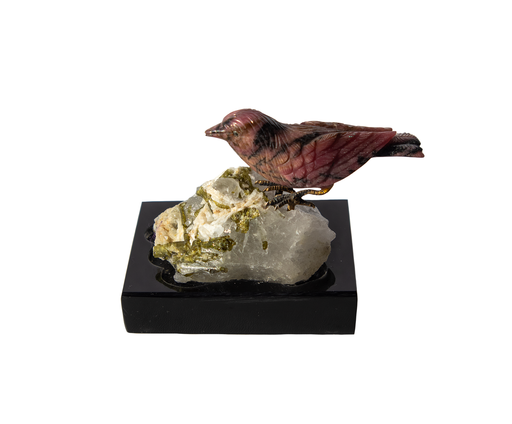 (Deaccessioned) Rhodonite sparrow on Tourmaline and Quartz