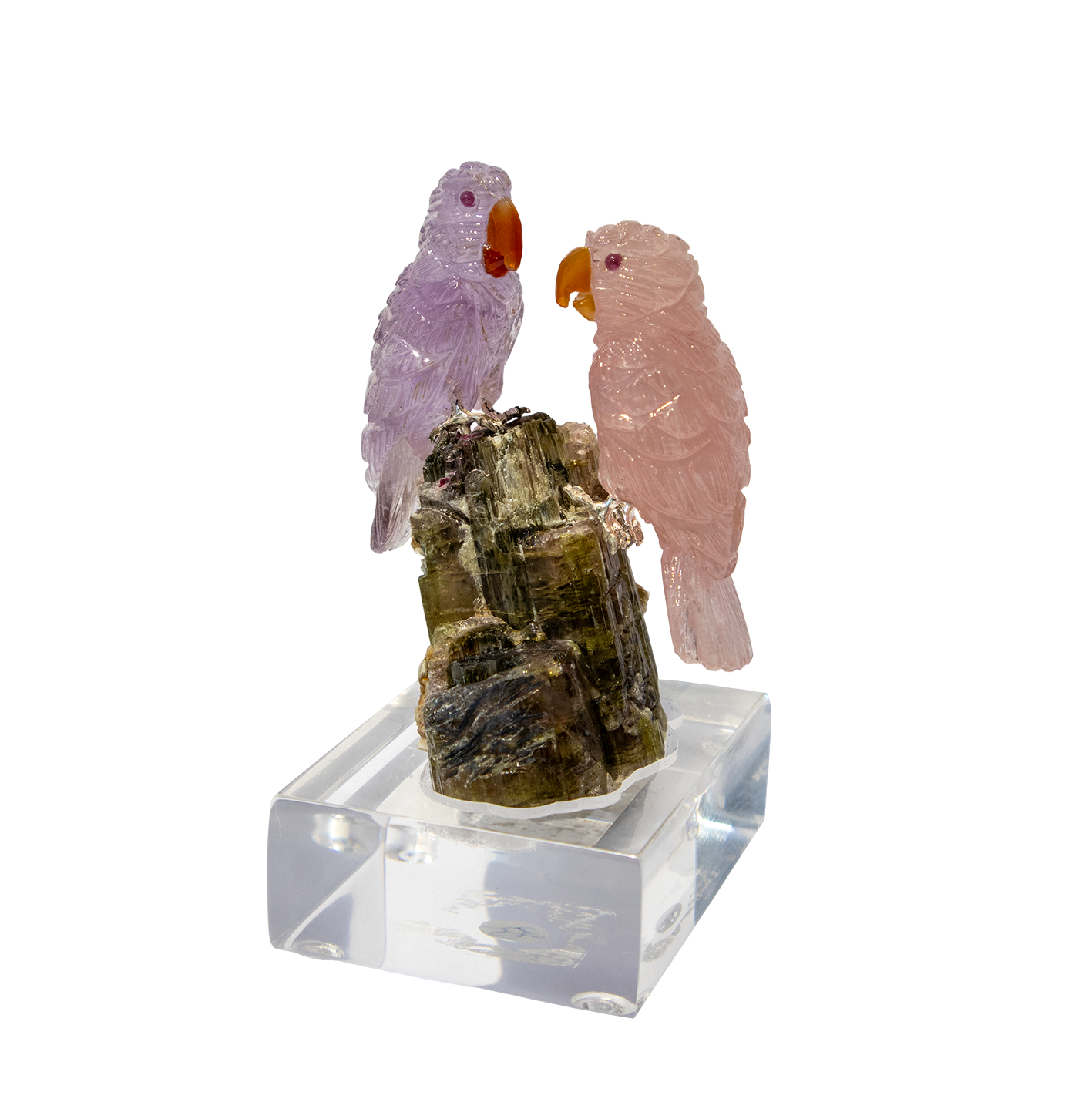 Rose Quartz and Amethyst parrot pair by Peter Muller